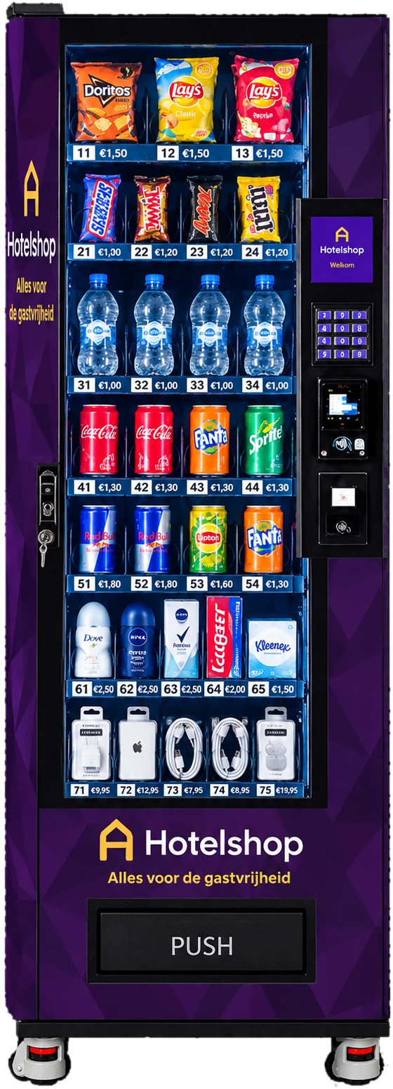 HotelShop-automaat in eigen styling, gevuld met drankjes, snacks en hotelartikelen