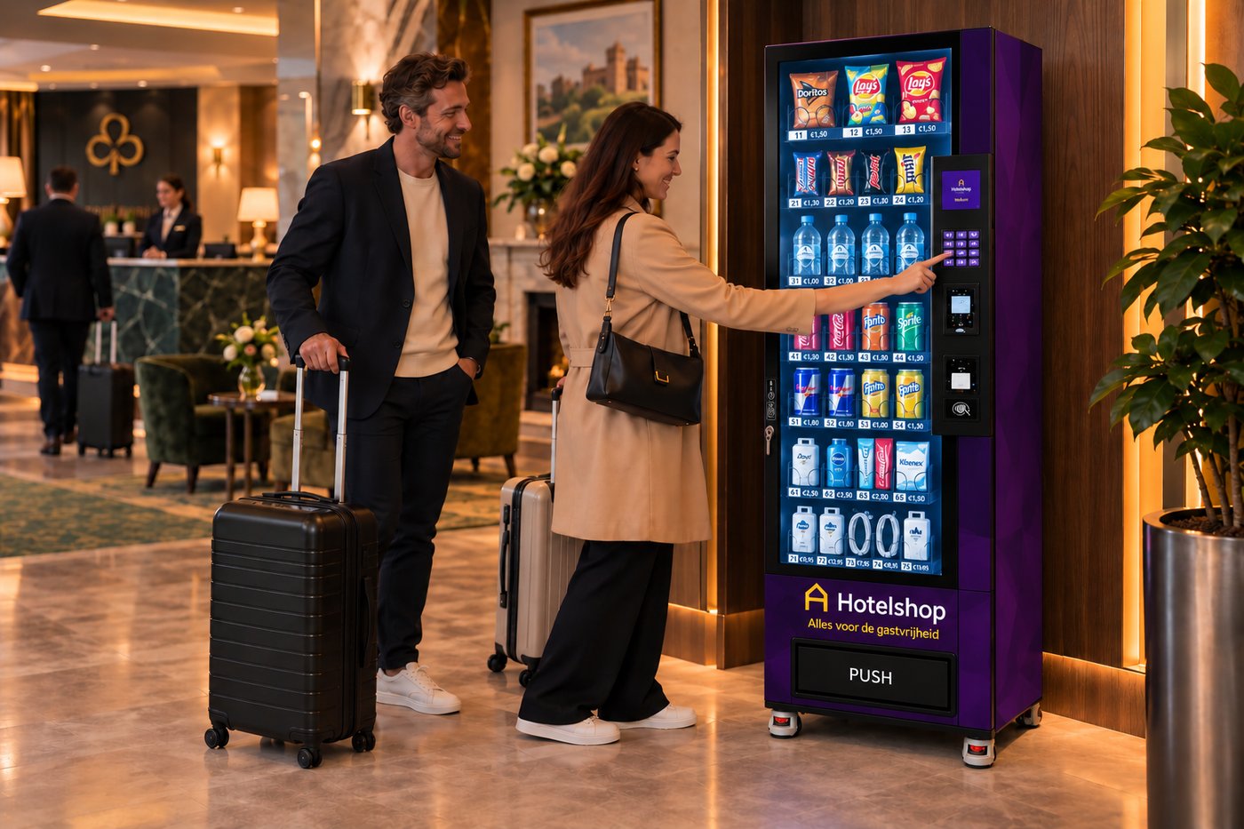 Gasten met koffers kiezen iets uit de HotelShop-automaat in de hotellobby